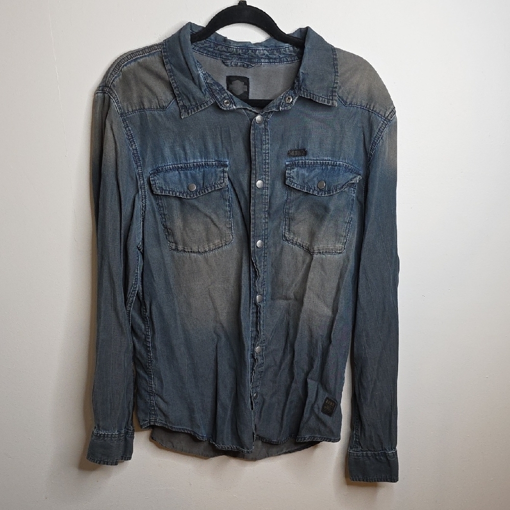 Harley Davidson Distressed Denim Button-Up Shirt Sz Large